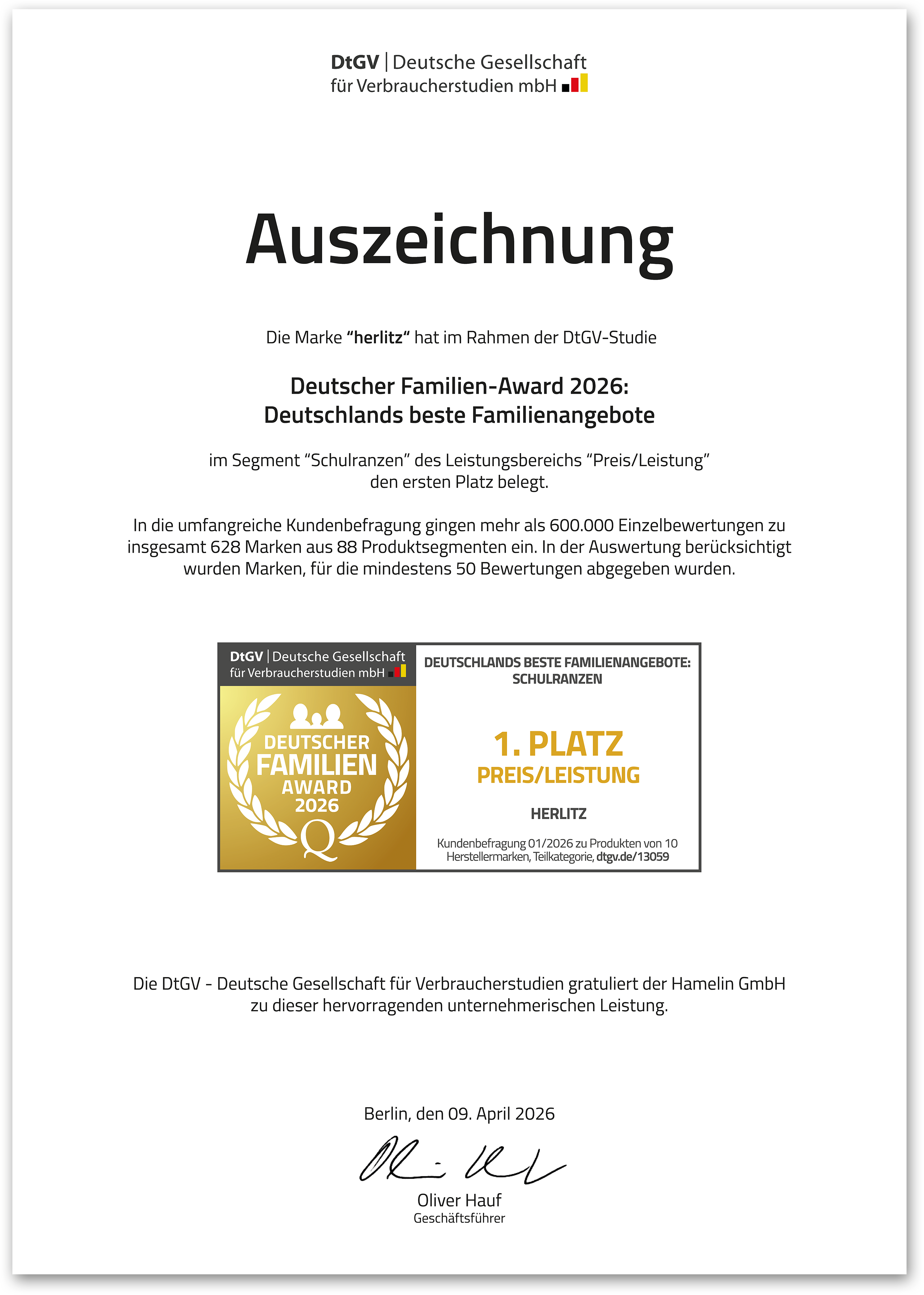 DtGV Urkunde herlitz 1Platz Schulranzen